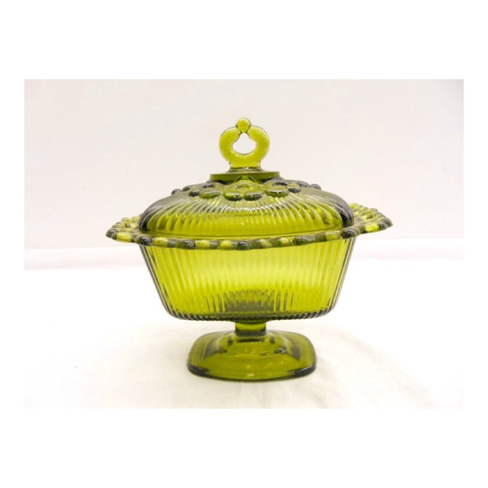 vintage Green Glass Open Lace Edge Candy Dish Compote - Picture 4 of 4